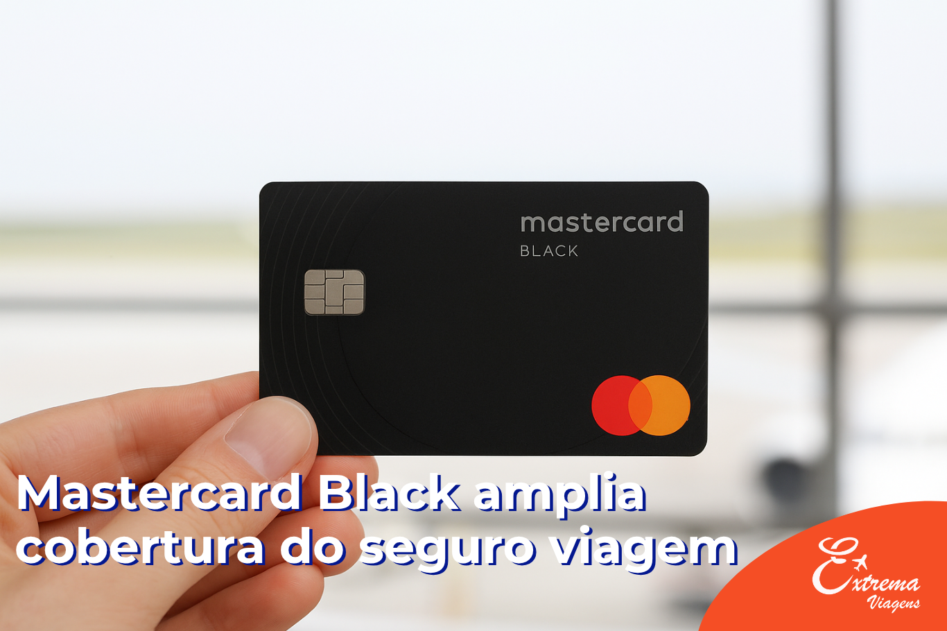 Cartão Mastercard Black elegante em destaque sobre fundo escuro, representando benefícios exclusivos e serviços premium para viajantes.